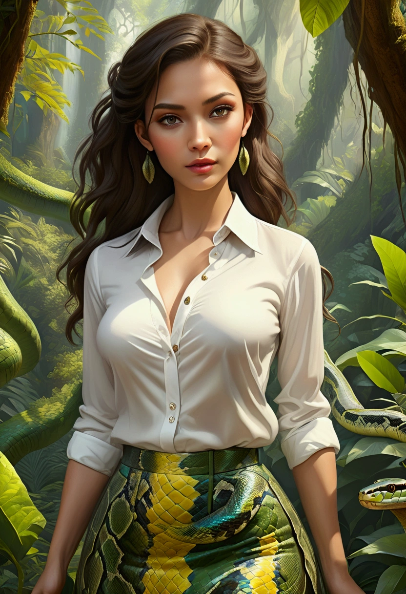 high details, best quality, 16k, [ultra detailed], masterpiece, best quality, dynamic angle, ultra wide shot, RAW, photorealistic, fantasy art, realistic art, a picture of a computer engineer  getting lost in the jungle, computer engineer, wearing white button shirt,  dynamic skirt, dynamic colors, wearing stiletto heels, full body, (an extremely beautiful: 1.3), (best detailed face: 1.4), dynamic hir color, dynamic hair style, dynamic eyes color, sense of confusion, sense of helplessness, jungle trees, plenty of (jungle veins: 1.2), (jungle flowers: 1.1), a (snake: 1.3) lurking by, high details, fantasy art, RPG art best quality, 16k, ultra detailed, masterpiece, best quality, (ultra detailed), full body, ultra wide shot, photorealistic, Hyperrealism style