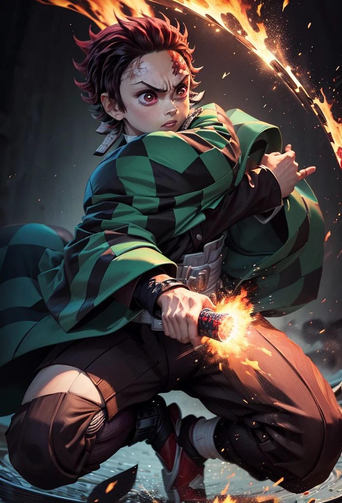 Kamado Tanjiro,(Kimetsu No Yaiba),Full Style,Ultra High Quality,Ultra High Resolution,Photograph 8K,Holding a Sword,One Boy,Ultra Detailed ,Demon Hunter Suit,Hino Kami Kagura Teknik