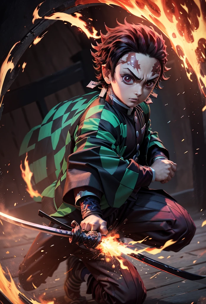 Kamado Tanjiro,(Kimetsu No Yaiba),Full Style,Ultra High Quality,Ultra High Resolution,Photograph 8K,Holding a Sword,One Boy,Ultra Detailed ,Demon Hunter Suit,Hino Kami Kagura Teknik