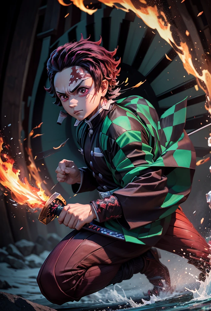 Kamado Tanjiro,(Kimetsu No Yaiba),Full Style,Ultra High Quality,Ultra High Resolution,Photograph 8K,Holding a Sword,One Boy,Ultra Detailed ,Demon Hunter Suit,Hino Kami Kagura Teknik