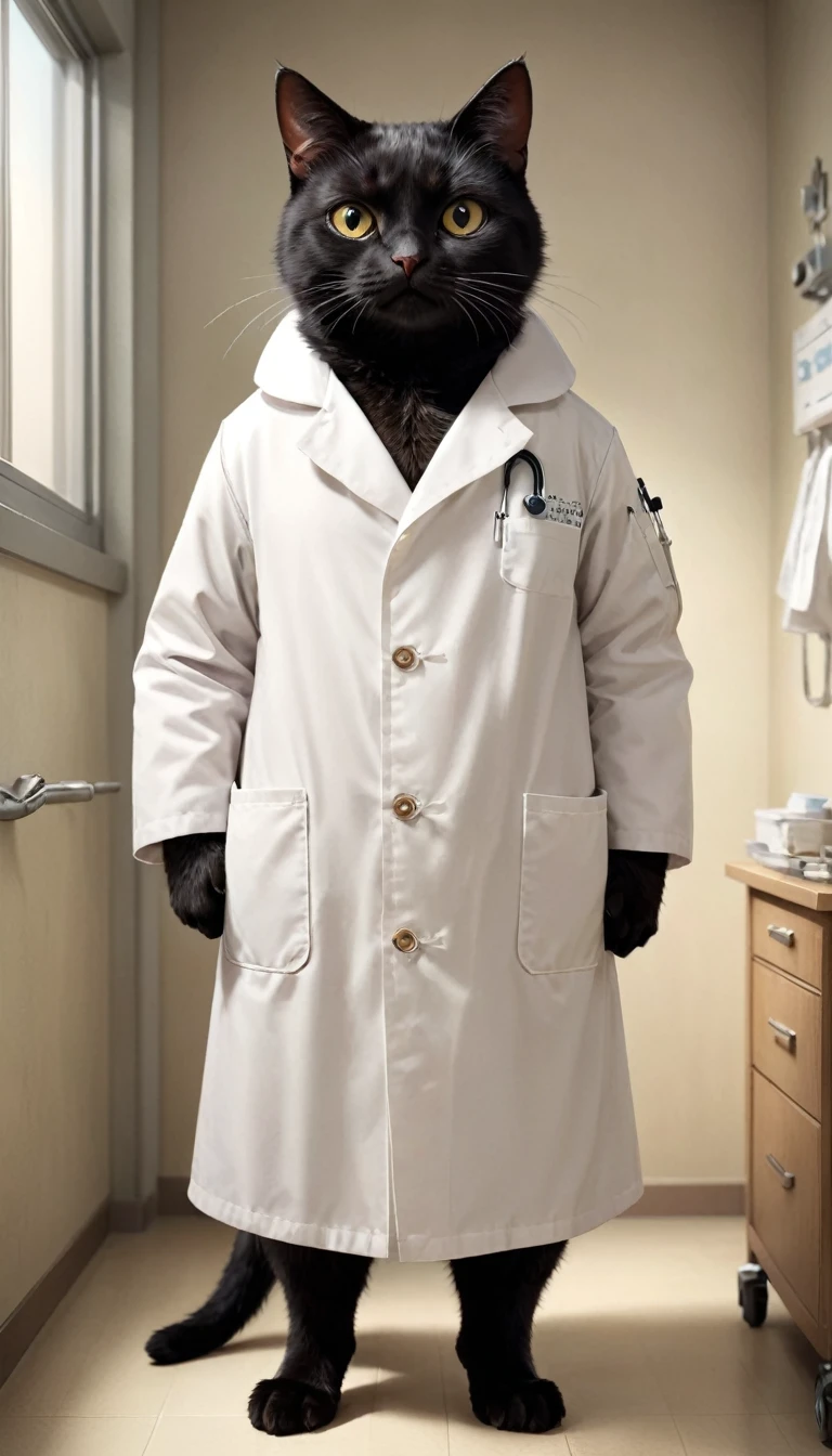 small, かわいいto be born生き物, doctor's coat、 whole body,small , Are standing, Costume, Hospital room、 Fantasy art, Exquisite detail, Jean-Baptiste Monge Style, office、Alan Lee Style, Anthropomorphic, Fat, Big-eyed black cat, Movie Scenes, Dramatic shot angles, , Realistic, to be born々Stunning cinematic photorealism, Action Portrait, 8k, detailed, Full Frame、defeat、Falling
