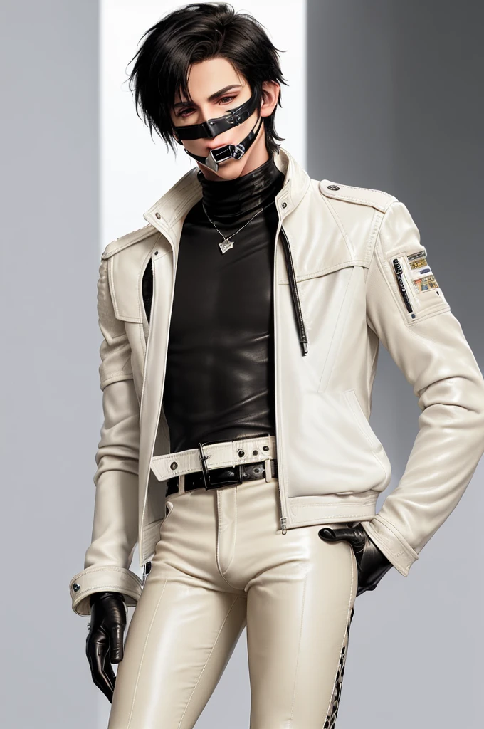 Final fantasy taste and reality graphics, Japanese young cute and cool ikemen boy, his age is early 20s, thin eyebrows and beady eyes, ((he wearing off white color leather thick material jacket)), ((jacket is singlebrest)), biker style jacket, with epaulet, jacket is long sleeve, ((must close the front of the leather jacket)), , ((voluminous leather jacket)), ,((must jacket is high length and stand-up collar)) ((jacket collar with two belts)), ((jacket is a little black color line pattern)),((close the front of the jacket)), ((also wearing black thick material turtleneck lackluster shirts)), ((tight black leather pants)), ((black leather tight and thin glove)), ((black leather knee-high raceup boots)),((must views head-to-toe)),((must views whole body)), ,((Do not show skin from the neck down)),leather jacket leather glove and leather pants have few wrinkles, Avoid showing your innerwear,zip up jacket fastner.must put on a leather glove.
Bous face is expression of ecstasy.
Boy is black hair.boy looks like fashion model.
((beige color packing tape)) ((gagged wrapped around his mouth)) ((put packing tape on his mouth ))
