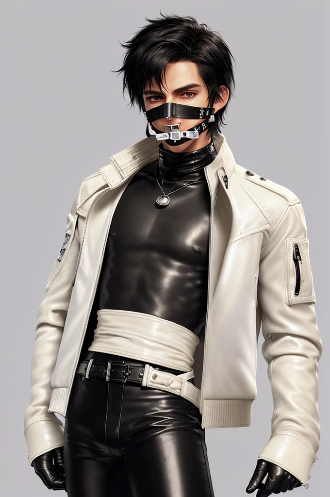 Final fantasy taste and reality graphics, Japanese young cute and cool ikemen boy, his age is early 20s, thin eyebrows and beady eyes, ((he wearing off white color leather thick material jacket)), ((jacket is singlebrest)), biker style jacket, with epaulet, jacket is long sleeve, ((must close the front of the leather jacket)), , ((voluminous leather jacket)), ,((must jacket is high length and stand-up collar)) ((jacket collar with two belts)), ((jacket is a little black color line pattern)),((close the front of the jacket)), ((also wearing black thick material turtleneck lackluster shirts)), ((tight black leather pants)), ((black leather tight and thin glove)), ((black leather knee-high raceup boots)),((must views head-to-toe)),((must views whole body)), ,((Do not show skin from the neck down)),leather jacket leather glove and leather pants have few wrinkles, Avoid showing your innerwear,zip up jacket fastner.must put on a leather glove.
Bous face is expression of ecstasy.
Boy is black hair.boy looks like fashion model.
((beige color packing tape)) ((gagged wrapped around his mouth)) ((put packing tape on his mouth ))