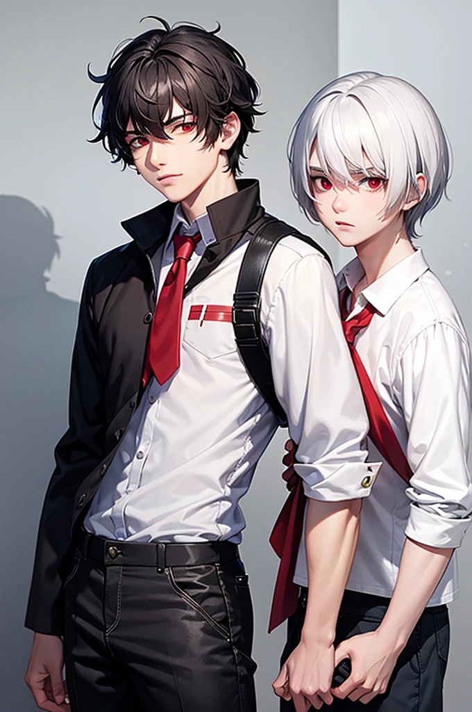 a 17 year old boy wearing high school school clothes, white hair, red eyes
