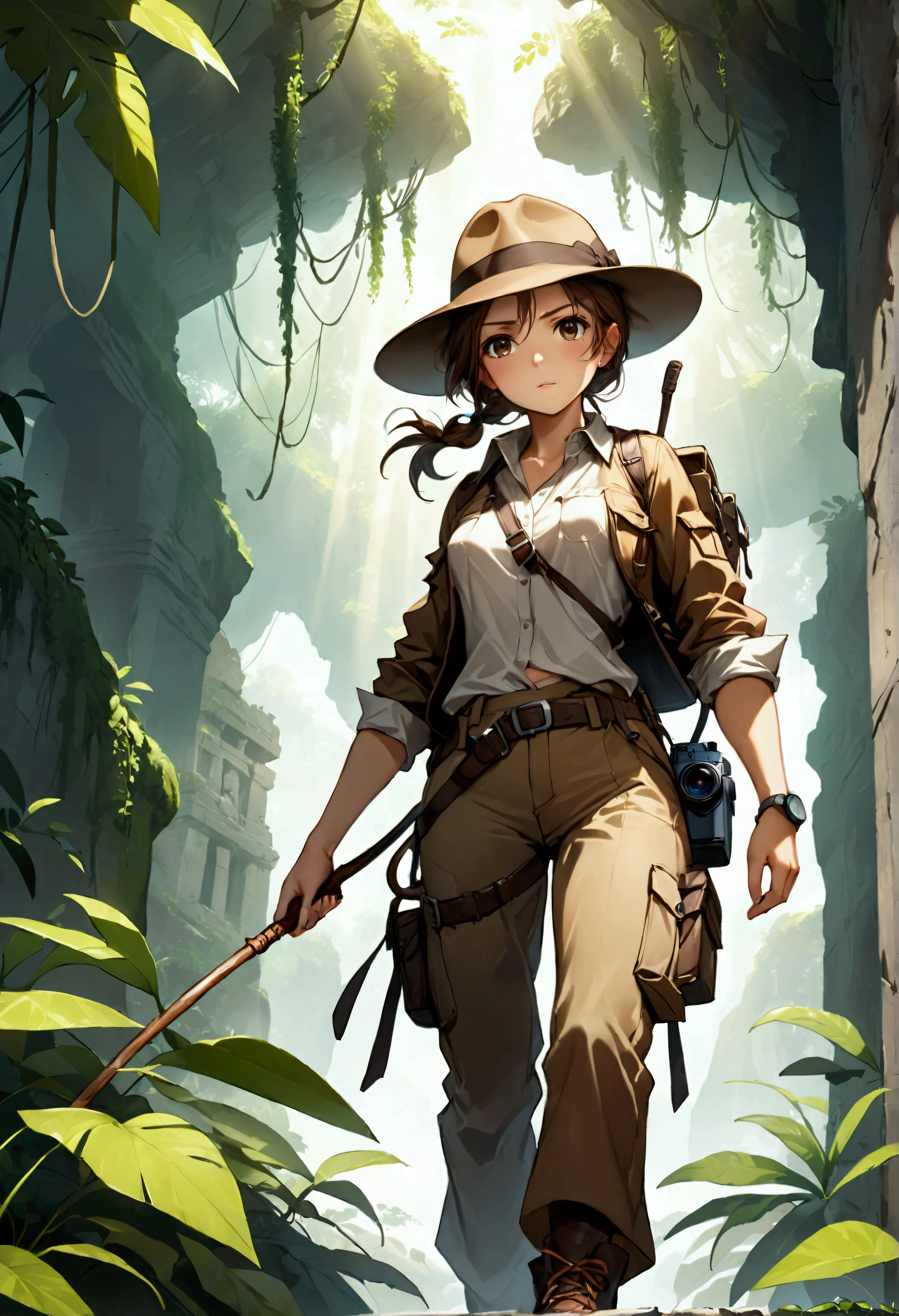 Create a breathtaking, ultra-high-definition image in 16K resolution that captures the adventurous and thrilling essence of a legendary expedition, inspired by the art styles of Tomb Raider and Indiana Jones. | Visualize two fearless female adventurers navigating through an ancient, jungle-covered temple. One of the adventurers, reminiscent of Lara Croft, is equipped with a brown leather jacket, cargo pants, and sturdy boots. She has a confident and determined expression, with tousled brown hair and sharp, intelligent eyes. The other adventurer, inspired by Indiana Jones, sports a fedora hat, a whip coiled at her side, and a rugged, weathered look. Her attire includes a classic adventurer's outfit with a khaki shirt and brown trousers. | The scene is set deep within a lush, overgrown jungle, with vines and ancient stone ruins all around. The temple is partially hidden by dense foliage, with rays of sunlight piercing through the canopy, creating dramatic and mysterious lighting. The adventurers are captured in mid-action as they uncover a hidden artifact, their expressions reflecting the thrill of discovery and the challenges they face. | The camera angle should capture the full bodies of both adventurers, emphasizing their dynamic poses and the rugged terrain they traverse. Their surroundings should evoke a sense of history and mystery, with shadows and light playing across the scene to enhance the adventurous atmosphere. | Rendered in ultra-high definition with UHD and retina quality, this masterpiece ensures anatomical correctness and textured skin with super detail. With a focus on high quality and accuracy, this award-winning portrayal captures every nuance in stunning 16k resolution, immersing viewers in its lifelike depiction. | ((perfect_composition, perfect_design, perfect_layout, perfect_detail, ultra_detailed)), ((enhance_all, fix_everything)), More Detail, Enhance.