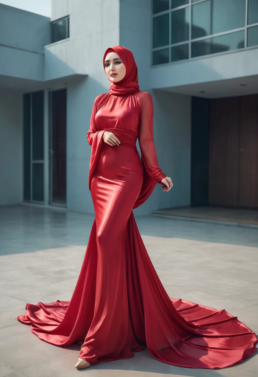 a woman in the translucent red silk gown, full body,wear hijab, brest expose, half neked, tiead in satin rope, tied tight,mermaid tight long gown, flowy dramatic long gown, double long satin train ( 4 meter long ),red satin sheet, wear high heels, masterpice, 4k resolution, ultra-realistic, highly detail.