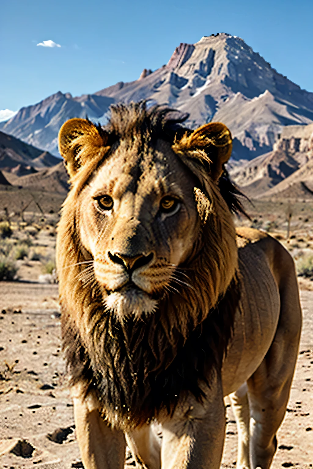 Araffe walking in the desert with a mountain in the background, Arte digital da National Geographic, defog, renascentist, Lion, aslan the Lion, Lion body, Lions, mon, King of the jungle, king of the desert, majestic!!! comely!!!, photoreal”, with the mon of a Lion, g-string, Lion mon, sharply focused, comely”