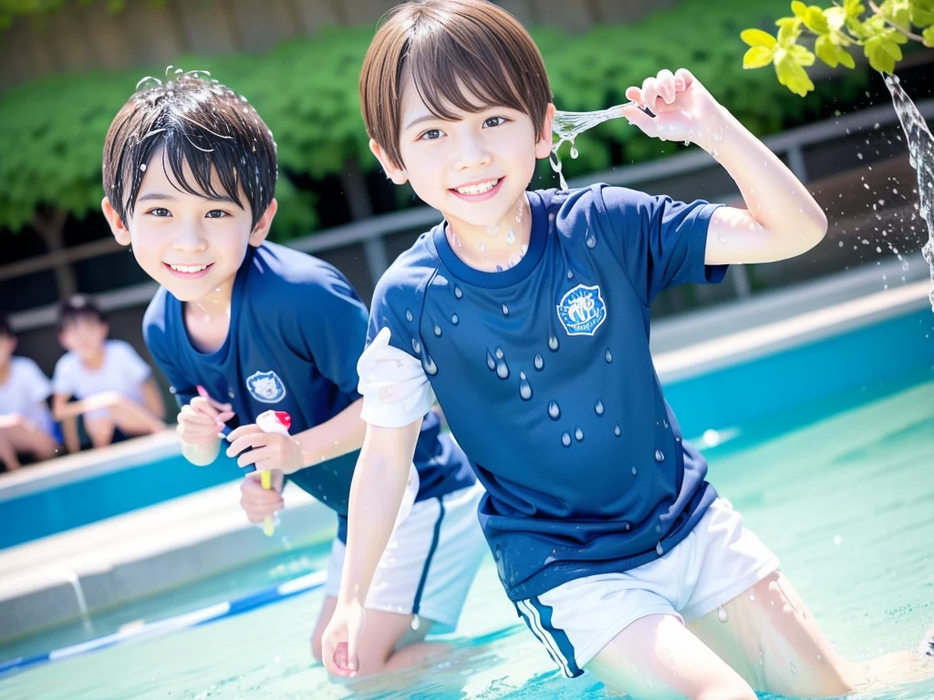 hot summer、primary school、Summer swimming pool、It is sunny、Pouring water on each other、Audible laughter、A lot of boys、Get wet all over、Japan Boy、Glowing water splashes、Pool lessons、Boy playing in water、The happy boys、Strong sunlight、Short sleeve gym uniform、Blue shorts、barefoot,There are only boys 、10Year old boy、9Year old boy、Highest quality、masterpiece