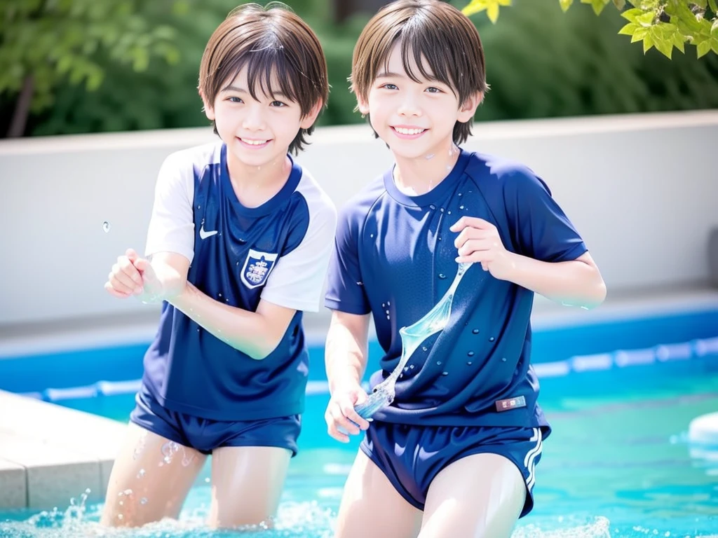 hot summer、primary school、Summer swimming pool、It is sunny、Pouring water on each other、Audible laughter、A lot of boys、Get wet all over、Japan Boy、Glowing water splashes、Pool lessons、Boy playing in water、The happy boys、Strong sunlight、Short sleeve gym uniform、Blue shorts、barefoot,There are only boys 、10Year old boy、9Year old boy、Highest quality、masterpiece