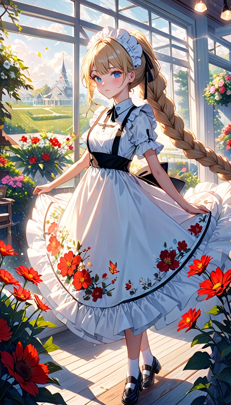 ((flower pattern)), (), (1 girl), (((alone))), (actual:1.5), light particles, light, victorian, (Best Illustration), photoactual, octane rendering, 8k, neon lights, flying car, Detailed face, delicate eyes, ((maid)), maid headband, long braids, very long hair, blonde hair, blue eyes, (sharp eyeliner, eye shadow, delicate eyes:1.1), (ulzzang-6500), model pose, (Permanently installed), (Outdoor activities), noon time, Public area, indoors, (Green house in the background), Breaking G36  