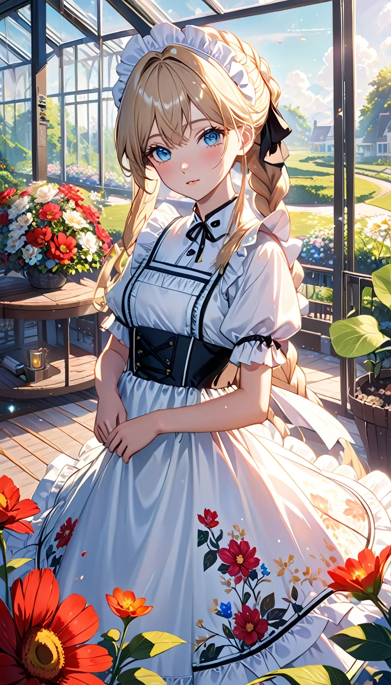 ((flower pattern)), (), (1 girl), (((alone))), (actual:1.5), light particles, light, victorian, (Best Illustration), photoactual, octane rendering, 8k, neon lights, flying car, Detailed face, delicate eyes, ((maid)), maid headband, long braids, very long hair, blonde hair, blue eyes, (sharp eyeliner, eye shadow, delicate eyes:1.1), (ulzzang-6500), model pose, (Permanently installed), (Outdoor activities), noon time, Public area, indoors, (Green house in the background), Breaking G36