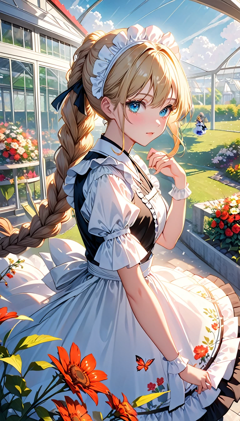 ((flower pattern)), (), (1 girl), (((alone))), (actual:1.5), light particles, light, victorian, (Best Illustration), photoactual, octane rendering, 8k, neon lights, flying car, Detailed face, delicate eyes, ((maid)), maid headband, long braids, very long hair, blonde hair, blue eyes, (sharp eyeliner, eye shadow, delicate eyes:1.1), (ulzzang-6500), model pose, (Permanently installed), (Outdoor activities), noon time, Public area, indoors, (Green house in the background), Breaking G36  