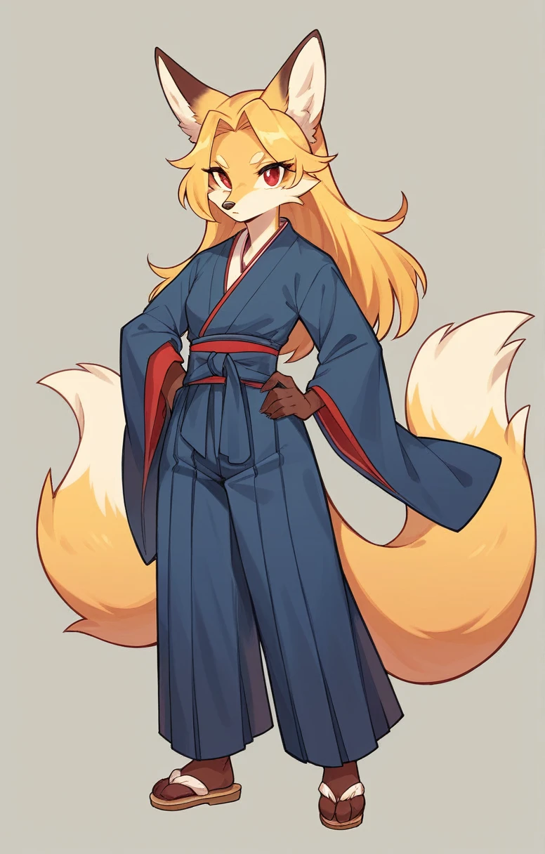 (full body,,The left hand is on the hip),((The right hand is out in front,Nine-tailed tail,)),small breasts,Adult female fox,One Girl, Furry, Golden fur, Golden facial fur, long golden hair, The hair on his hands is golden, Golden yellow hair on the back of the hand, Light-filled eyes, Red eyes, Brown elements of fur,(Dark blue kimono,Dark blue hakama),Very fine fur, Fluffy tail,