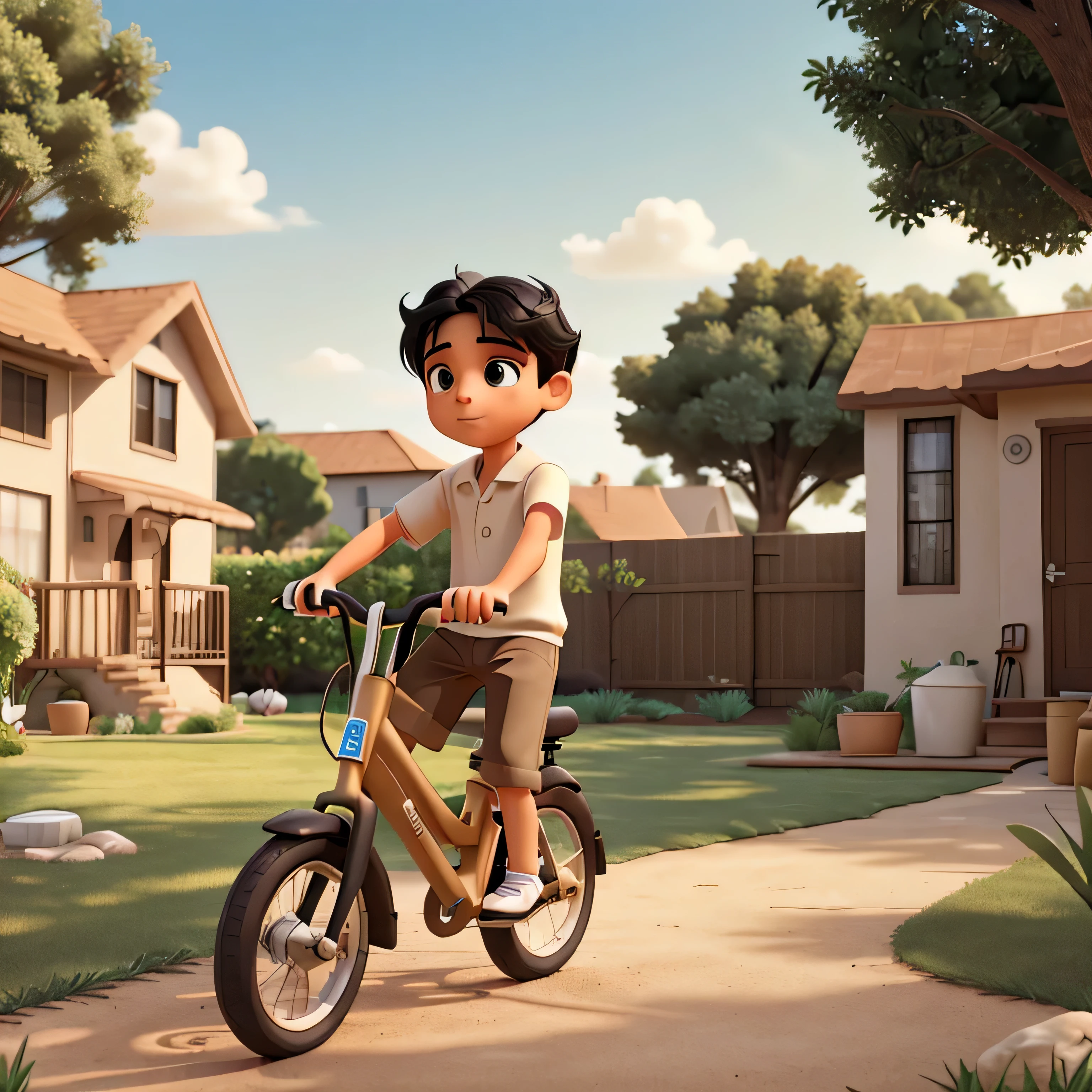 make a backyard image with a clean sky in beige tones. Not many visual stimuli, with a -year-boy w black hair and brown eyes riding a bicycle