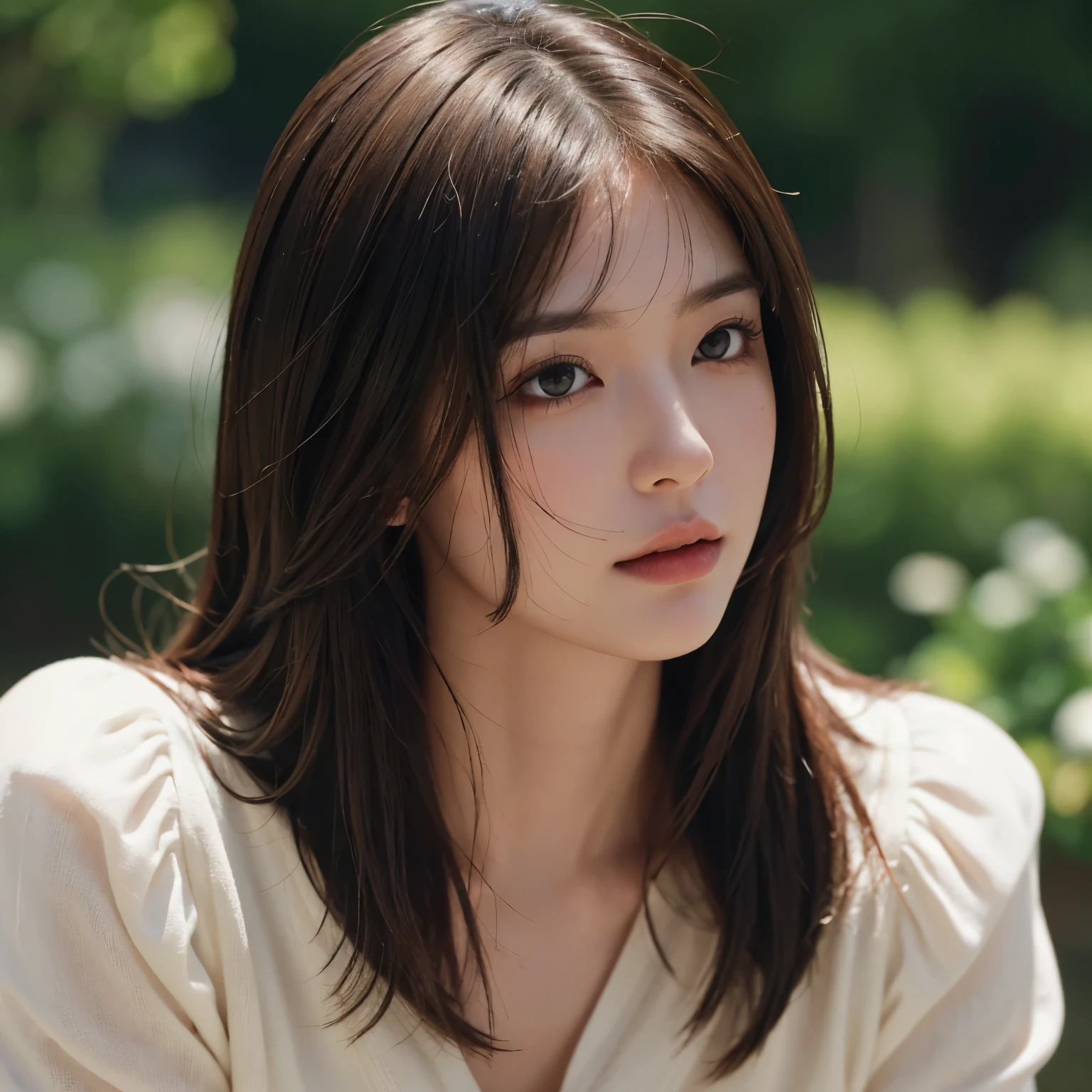 Masterpiece, best picture quality, high quality, beautiful woman, Japanese, detailed, detailed eyes, detailed skin, beautiful skin, ultra high resolution, (reality: 1.4),very beautiful, slightly younger face, beautiful skin, slender, (ultra realistic), (highresolution), (8K), (very detailed) (beautifully detailed eyes), (super detailed),  cardigan, (wallpaper), (detailed face), looking at viewer, fine details, detailed face, sad, looking straight ahead, looking straight ahead, angle from waist up, realistic photo, bright lighting, professional lighting, mature woman, brown hair, sway in the wind shoulder length straight hair, long stylish bangs,