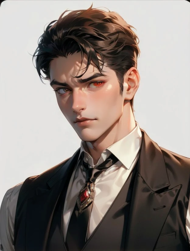 photography of a anime man wearing tuxedo, a solo man, (((man))), ((masculine face)), (manly), 23 years old, handsome, realistic, (heterochromia: red eyes on left, blue on right), expressive look, black hair, long bangs, rose pale lips, (((dark background))), shine hair, angular jaw, square shaped face, broad shoulders, tall, muscular torso, strong arms, shaven, black suit, black shirt, super detailed face, perfect body, perfect shapes, realistic image, award winning photography, 8k, (((perfect shiny eyes)))