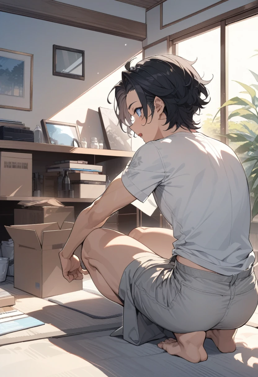 masterpiece, best quality, extremely detailed, ultra detailed, flat anime, 2D, ((1boy)),black hair, (short hair:1.5),blue eyes, height 1.7meters, (circle eyes:1.2), (young adult:1.2), Ear-length sideburns, long Sleeves, White T-shirt, barefoot, ((short sleeves)), ((long pants)), squatting, looking back, open mouth, summer, 12AM, livingroom,organizing the boxes., ((portrait)),full body