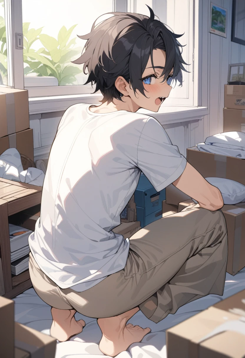 masterpiece, best quality, extremely detailed, ultra detailed, flat anime, 2D, ((1boy)),black hair, (short hair:1.5),blue eyes, height 1.7meters, (circle eyes:1.2), (young adult:1.2), Ear-length sideburns, long Sleeves, White T-shirt, barefoot, ((short sleeves)), ((long pants)), squatting, looking back, open mouth, summer, 12AM, livingroom,organizing the boxes., ((portrait)),full body