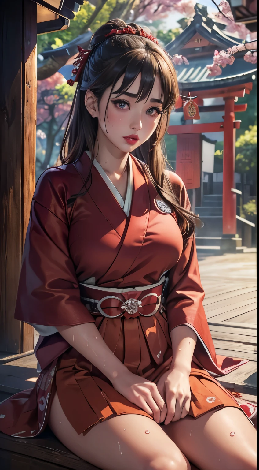 masterpiece, best quality, highres, hyper realistic, ultra detailed clothes,detailed skin, (sweat:1.2), 1girl, detailed face, (detailed pupils, cornea, beauty irish), realistic nose, red lips, sensual lips, model lips gimmick, honoka, miko, hakama skirt, sitting, japanes shrine's gate, sad