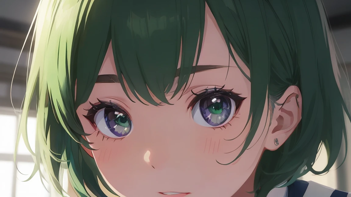 8k, PhotoRealistic, Super detailed, Very detailed, Close-up photo of a girl, short hair, Curly hair、Green Hair, Purple Eyes、Serious look、Slanted Eyes、Beautiful eyelashes、Upper Body、Wear a sailor uniform, classroom, , Realistic, photoRealistic, (Intricate details:1.2), (Delicate and detailed), (Cinematic Light, Top quality backlighting), Clear lines, Sharp focus, Realistic face, Detailed face, unity 8k wallpaper, Ultra-high resolution, photoRealistic, View your viewers, 16K, Ultra-high resolution.