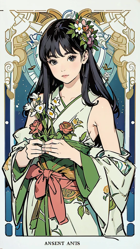 Detailed Background、Mucha style、Art Nouveau、The plants form chains around the subject's arms and legs.、(White underwear:1.2)、(masterpiece、Highest quality、Highest quality、Detailed and careful line drawings)、Vintage Color、colorful、Anatomically correct、Written boundary depth、Flat Shading、Bokeh、(Toned body, Thick thighs:1.2))、((Showing off your armpits)、Armpit hair grows)、Pussy、Camel Toe、Expressive eyes、Perfect Face、Black Hair、Okabo Hair、still、She is blushing、Browsing Caution