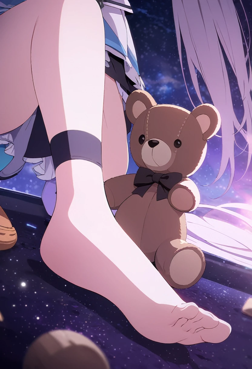 (((masterpiece))), (((best quality))),(((high detail))),light manipulation, girl with long hair, gradient purple to sky blue eyes, wearing a maid outfit, galaxy background, holding a teddy bear, feet, no footwear, close up