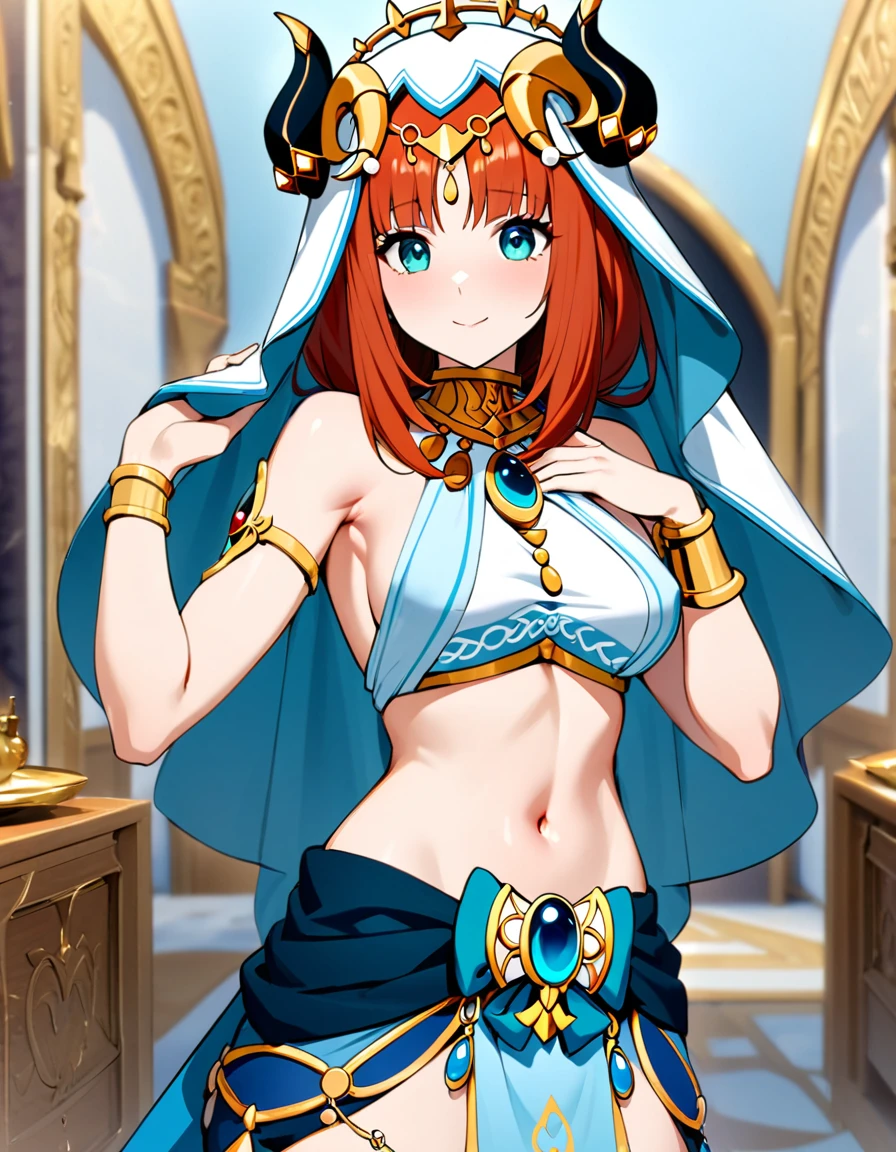 (masterpiece), best quality, expressive eyes, perfect face,Mature female,1 girl (nilou,Genshin impact),(harem outfit,exposed midriff,topless),royal bedroom background,medium breasts,smile,topless,nipple,slim figure,