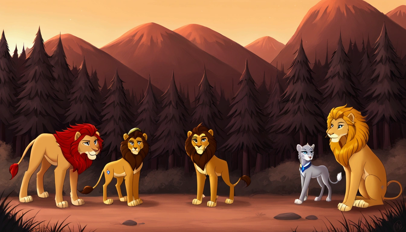 Masterpiece, best quality, very detailed, lions’s liar, big rocky place where lions live, lions patrol the territory, forest is on the background