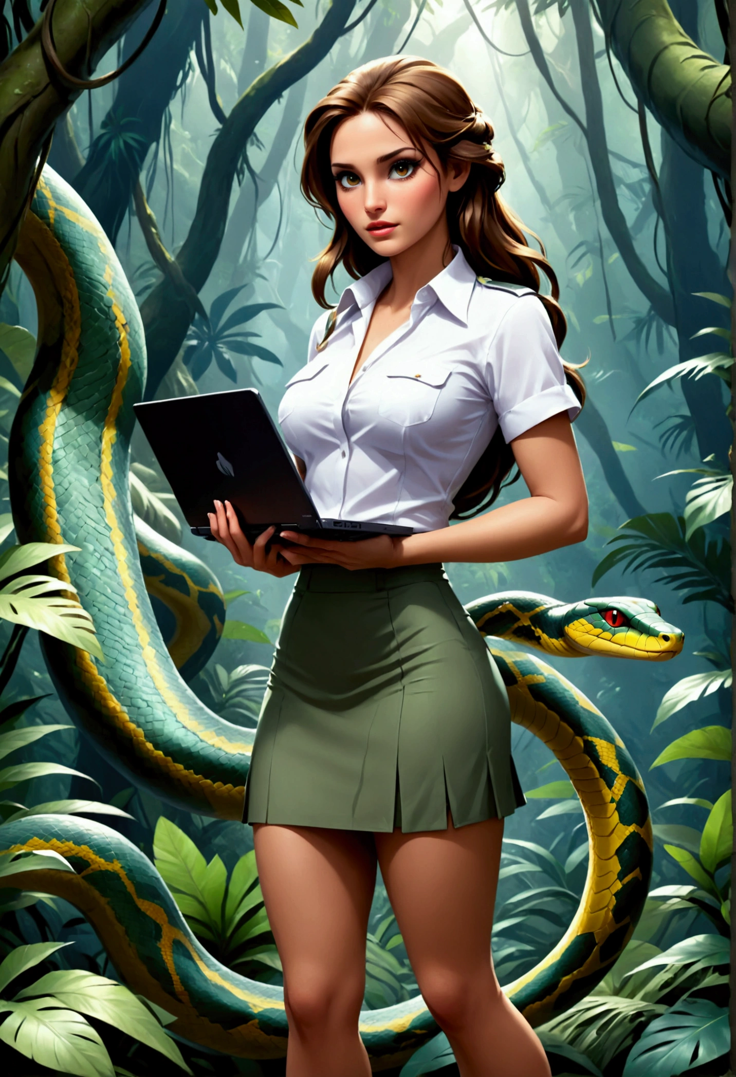 high details, best quality, 16k, [ultra detailed], masterpiece, best quality, dynamic angle, ultra wide shot, RAW, photorealistic, fantasy art, realistic art, a picture of a computer engineer (holding a laptop:1.1) getting lost in the jungle, computer engineer, wearing white button shirt,  dynamic skirt, dynamic colors, wearing stiletto heels, full body, (an extremely beautiful: 1.3), (best detailed face: 1.4), dynamic hir color, dynamic hair style, dynamic eyes color, sense of confusion, sense of helplessness, jungle trees, plenty of (jungle veins: 1.2), (jungle flowers: 1.1), a (snake: 1.3) lurking by, high details, fantasy art, RPG art best quality, 16k, ultra detailed, masterpiece, best quality, (ultra detailed), full body, ultra wide shot, photorealistic, Hyperrealism style