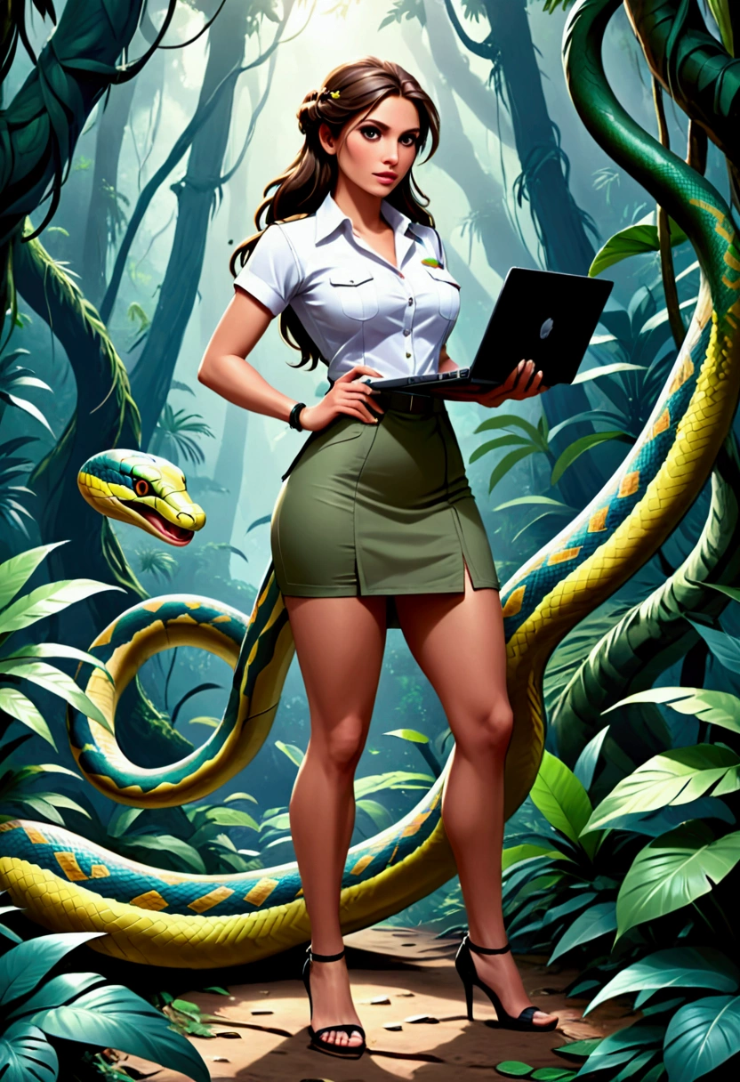 high details, best quality, 16k, [ultra detailed], masterpiece, best quality, dynamic angle, ultra wide shot, RAW, photorealistic, fantasy art, realistic art, a picture of a computer engineer (holding a laptop:1.1) getting lost in the jungle, computer engineer, wearing white button shirt,  dynamic skirt, dynamic colors, wearing stiletto heels, full body, (an extremely beautiful: 1.3), (best detailed face: 1.4), dynamic hir color, dynamic hair style, dynamic eyes color, sense of confusion, sense of helplessness, jungle trees, plenty of (jungle veins: 1.2), (jungle flowers: 1.1), a (snake: 1.3) lurking by, high details, fantasy art, RPG art best quality, 16k, ultra detailed, masterpiece, best quality, (ultra detailed), full body, ultra wide shot, photorealistic, Hyperrealism style
