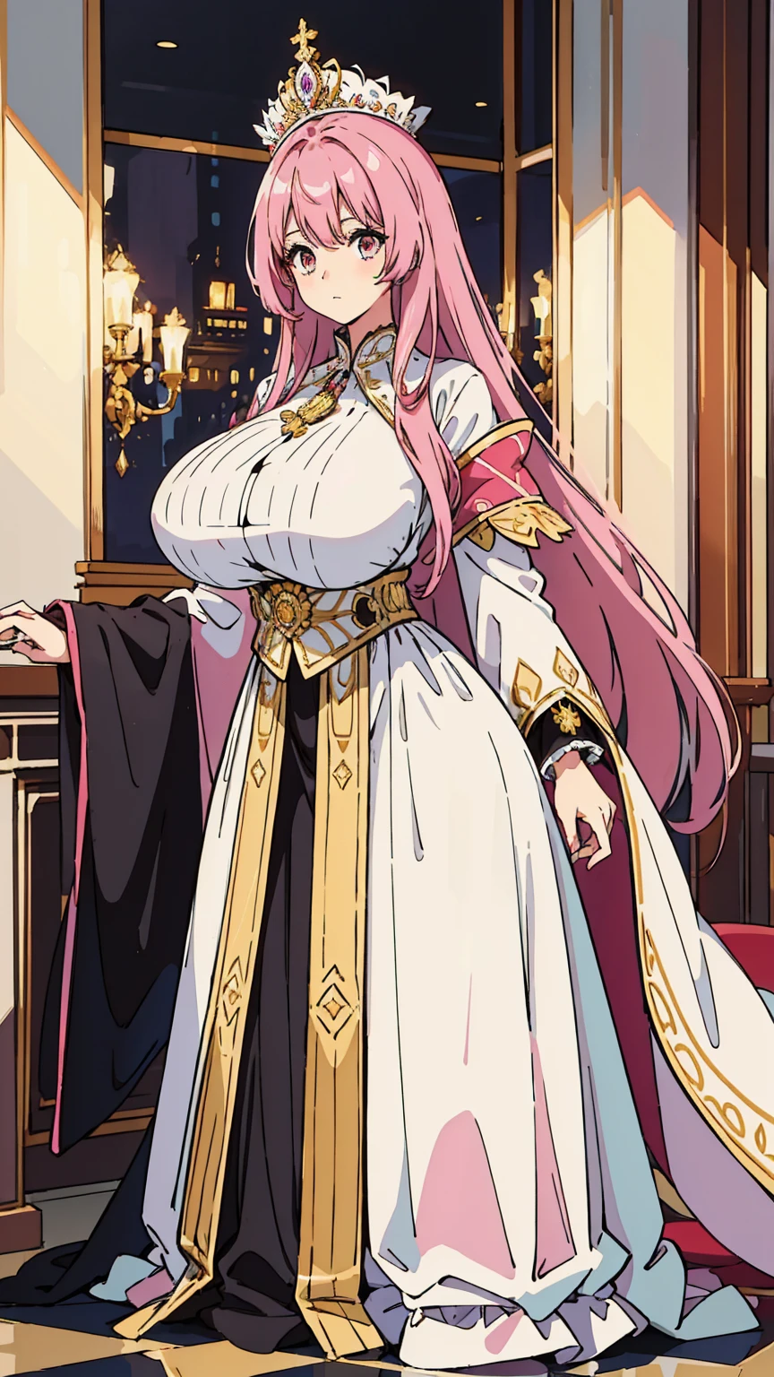 1 woman with floor-length pink hair, huge and big breasts, wearing royal attire in white with black and gold details, tall woman
