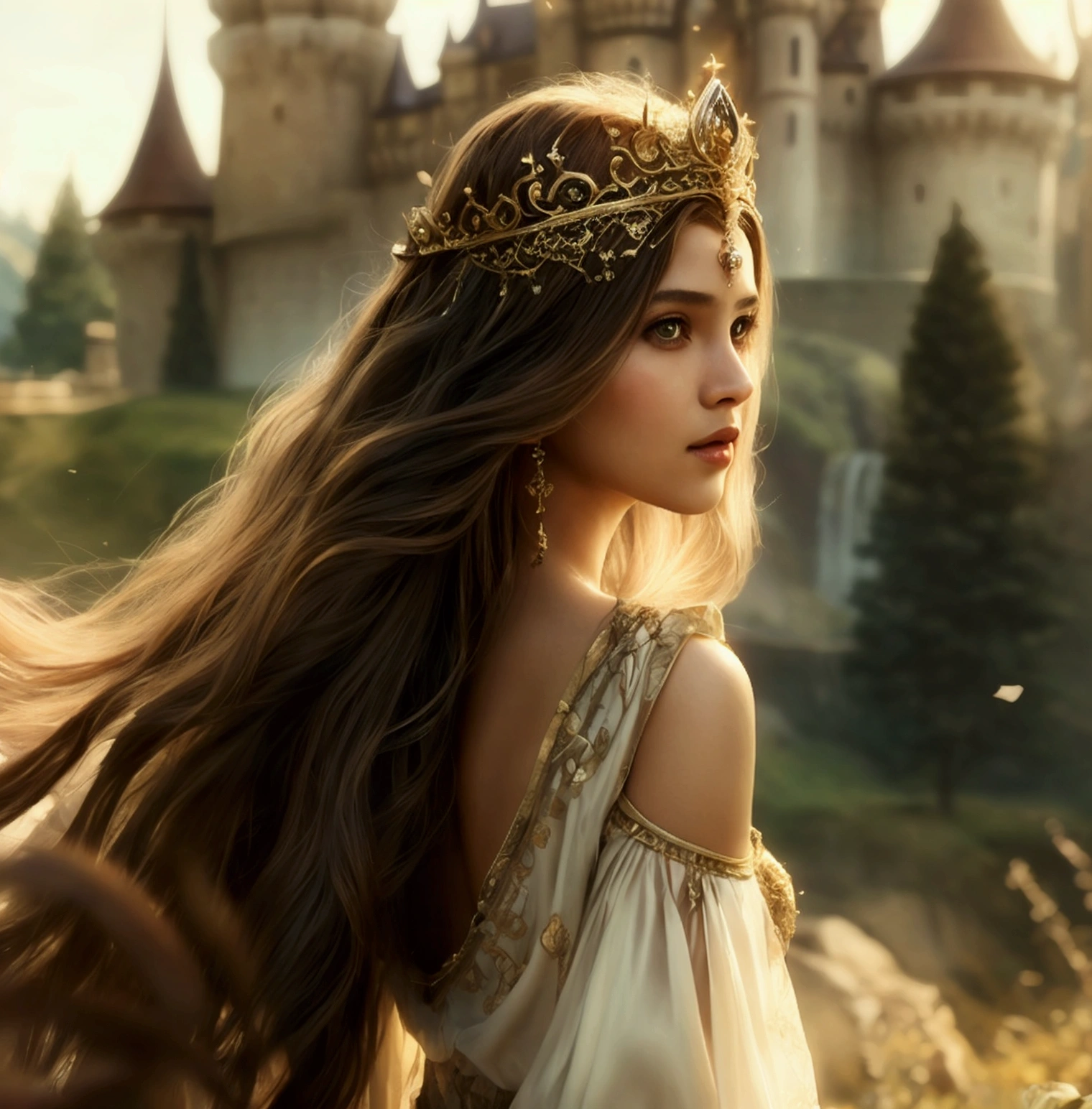 Putri Cinta style model)). a young beautiful princess with long flowing brown hair, intricate crown, elegant flowing dress, graceful posture, ethereal glowing aura, serene facial expression, soft lighting, vibrant colors, fairytale landscape, castle in the background, (best quality,4k,8k,highres,masterpiece:1.2),ultra-detailed,(realistic,photorealistic,photo-realistic:1.37),cinematic lighting, magical atmosphere, fantasy art style