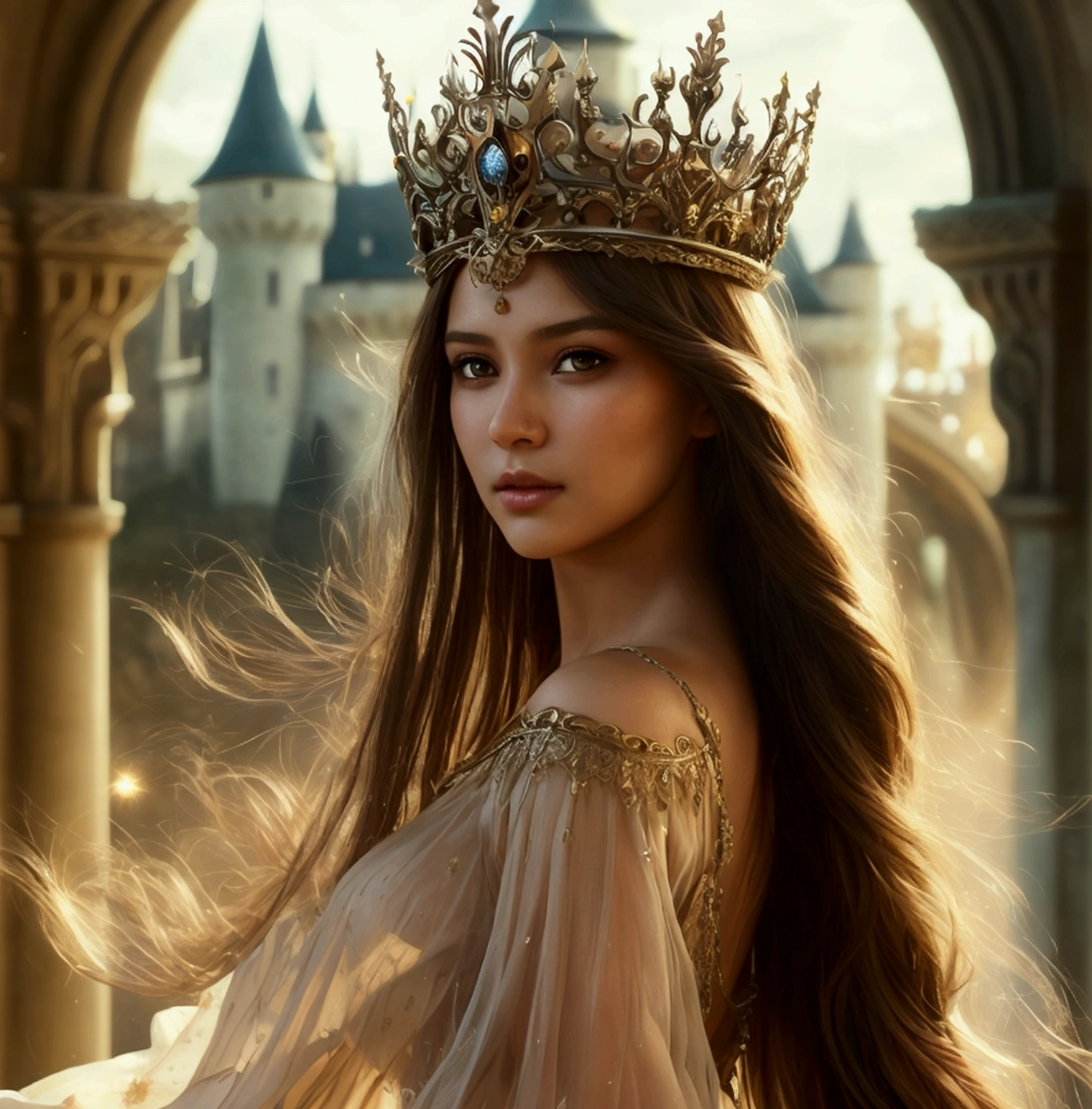 Putri Cinta style model)). a young beautiful princess with long flowing brown hair, intricate crown, elegant flowing dress, graceful posture, ethereal glowing aura, serene facial expression, soft lighting, vibrant colors, fairytale landscape, castle in the background, (best quality,4k,8k,highres,masterpiece:1.2),ultra-detailed,(realistic,photorealistic,photo-realistic:1.37),cinematic lighting, magical atmosphere, fantasy art style