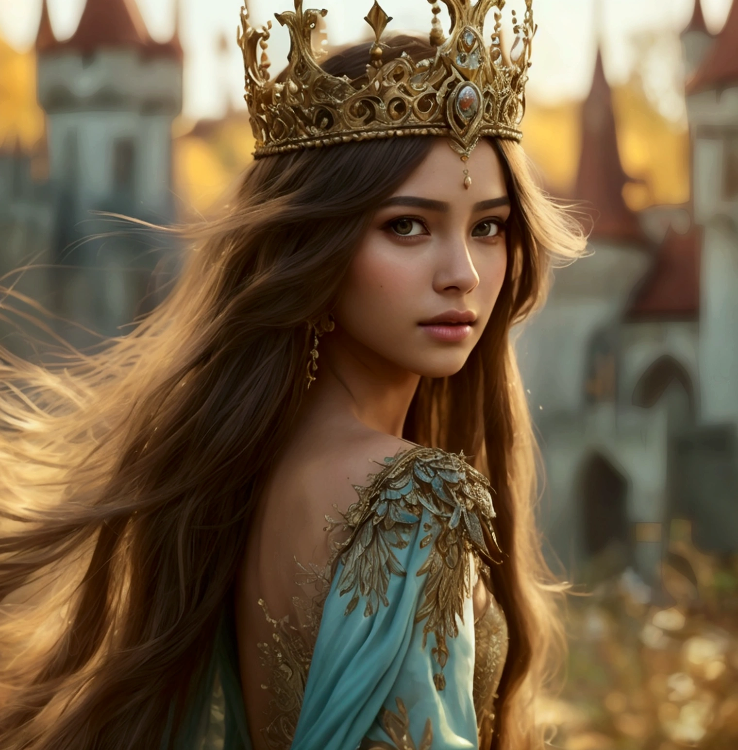 Putri Cinta style model)). a young beautiful princess with long flowing brown hair, intricate crown, elegant flowing dress, graceful posture, ethereal glowing aura, serene facial expression, soft lighting, vibrant colors, fairytale landscape, castle in the background, (best quality,4k,8k,highres,masterpiece:1.2),ultra-detailed,(realistic,photorealistic,photo-realistic:1.37),cinematic lighting, magical atmosphere, fantasy art style
