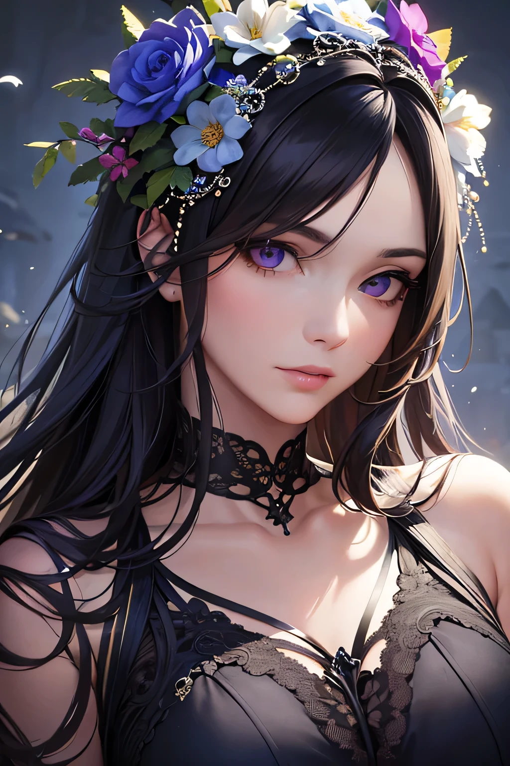 masterpiece, top quality, super detailed, high resolution, (realistic, photorealistic:1.37), excellent anatomy, beautiful 1 woman, black hair, long hair, beautiful detailed eyes, detailed hair, mature, pretty, beautiful, purple eyes, blue aura, blue flower, flower lapis, long curly hair, (upper body:1.2), best light, best shadow, mysterious, perfect face, highly detailed,