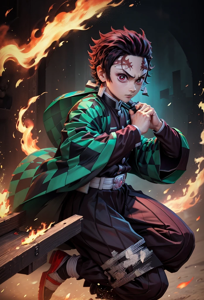 Kamado Tanjiro,(Kimetsu No Yaiba),Full Style,Ultra High Quality,Ultra High Resolution,Photograph 8K,Holding a Sword,One Boy,Ultra Detailed ,Demon Hunter Suit,Hino Kami Kagura Teknik