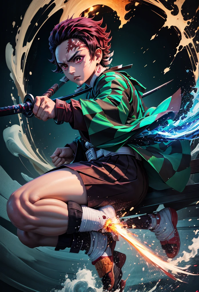 Kamado Tanjiro,(Kimetsu No Yaiba),Full Style,Ultra High Quality,Ultra High Resolution,Photograph 8K,Holding a Sword,One Boy,Ultra Detailed ,Demon Hunter Suit,Hino Kami Kagura Teknik