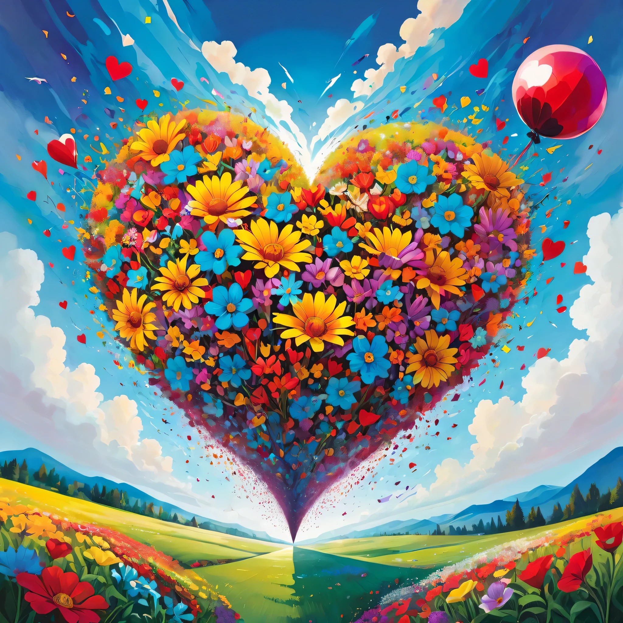 "Visualize an interpretation of a heart, floating through the sky above a vibrant and dynamic flower meadow. Break down the shape of the heart into geometric shapes and fragmented planes, To capture its movement and energy in a unique and abstract way. Incorporate bold colors and sharp angles, to convey a feeling of movement and tension. Play with perspective and layering, to create a multidimensional composition, which questions traditional notions of space and form. Be inspired by the avant-garde spirit of surreal realism and see nature in a fresh and innovative light.. Unleash your creativity, as you bring this imaginative scene to life on the screen