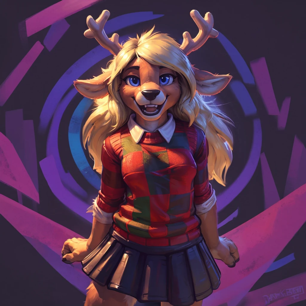 noelle, furry female anthro, deer girl, big teeth, tooth gap, standing, portrait, skirt, checkered sweater, solo, (body fur:1.2), (best quality), (abstract background:1.2), small breasts, dramatic lighting, (detailed fluffy fur:1.1), looking at viewer, smile, open mouth, by darkgem, by nommz,