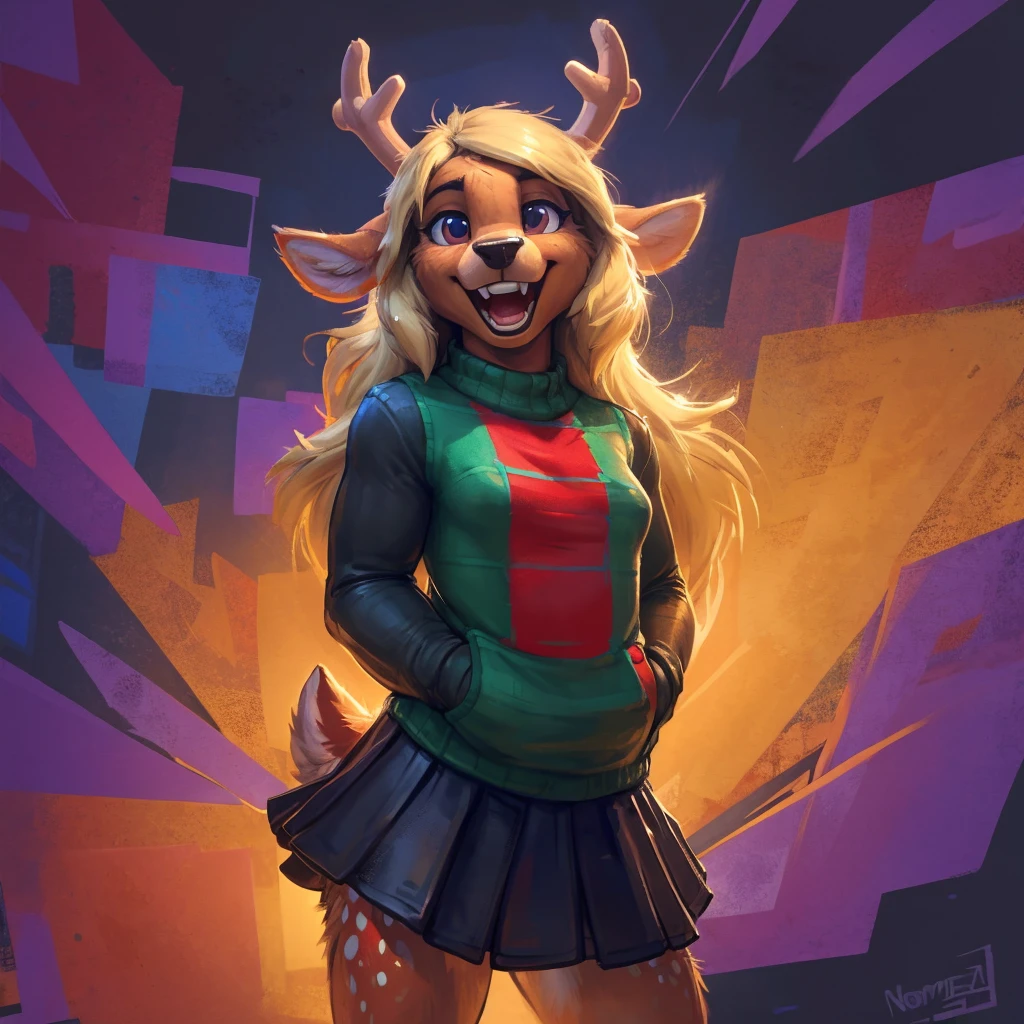 noelle, furry female anthro, deer girl, big teeth, tooth gap, standing, portrait, skirt, checkered sweater, solo, (body fur:1.2), (best quality), (abstract background:1.2), small breasts, dramatic lighting, (detailed fluffy fur:1.1), looking at viewer, smile, open mouth, by darkgem, by nommz, 