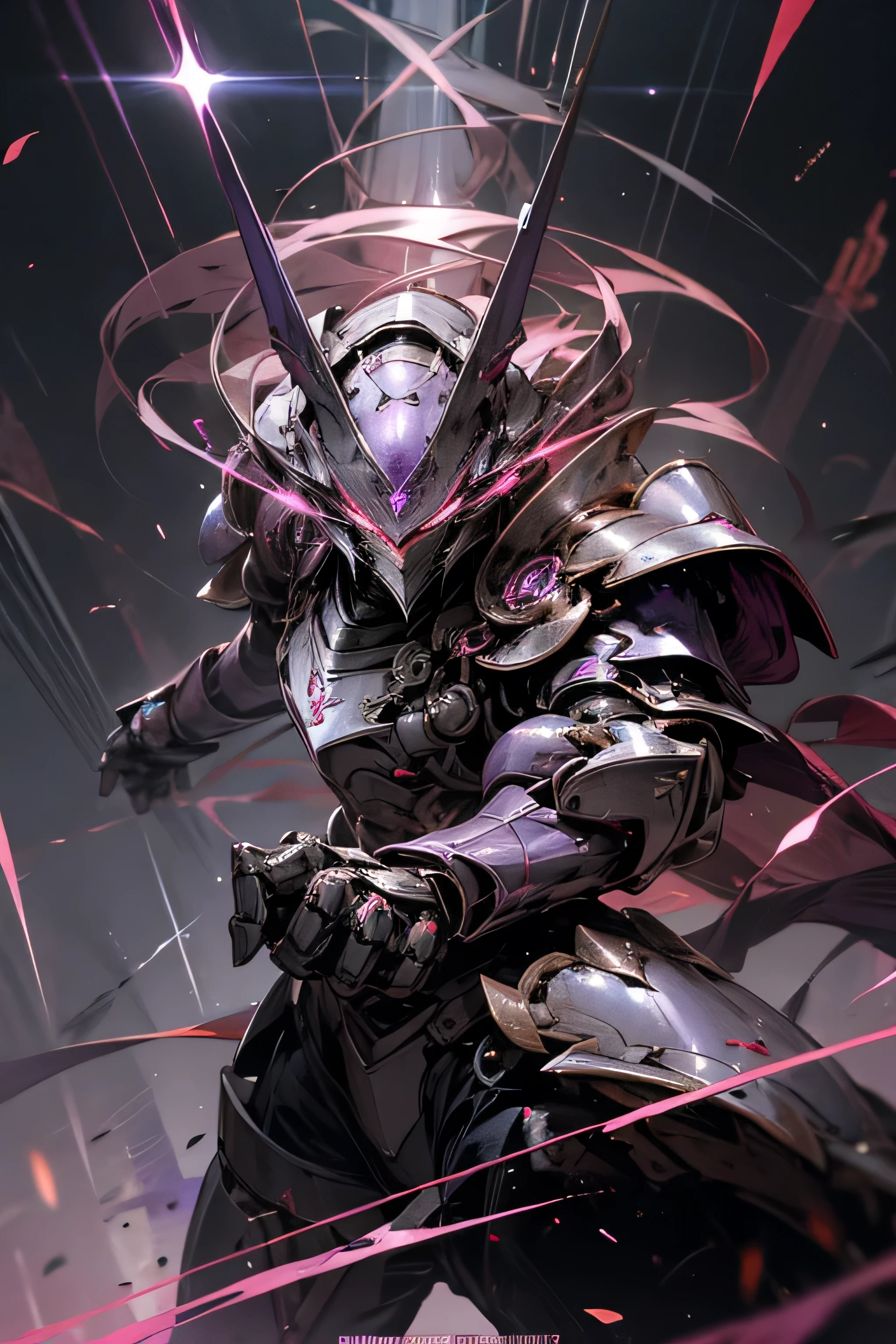 man, broken armor, purple armor, red flashes, Symbol "omega" in the sky