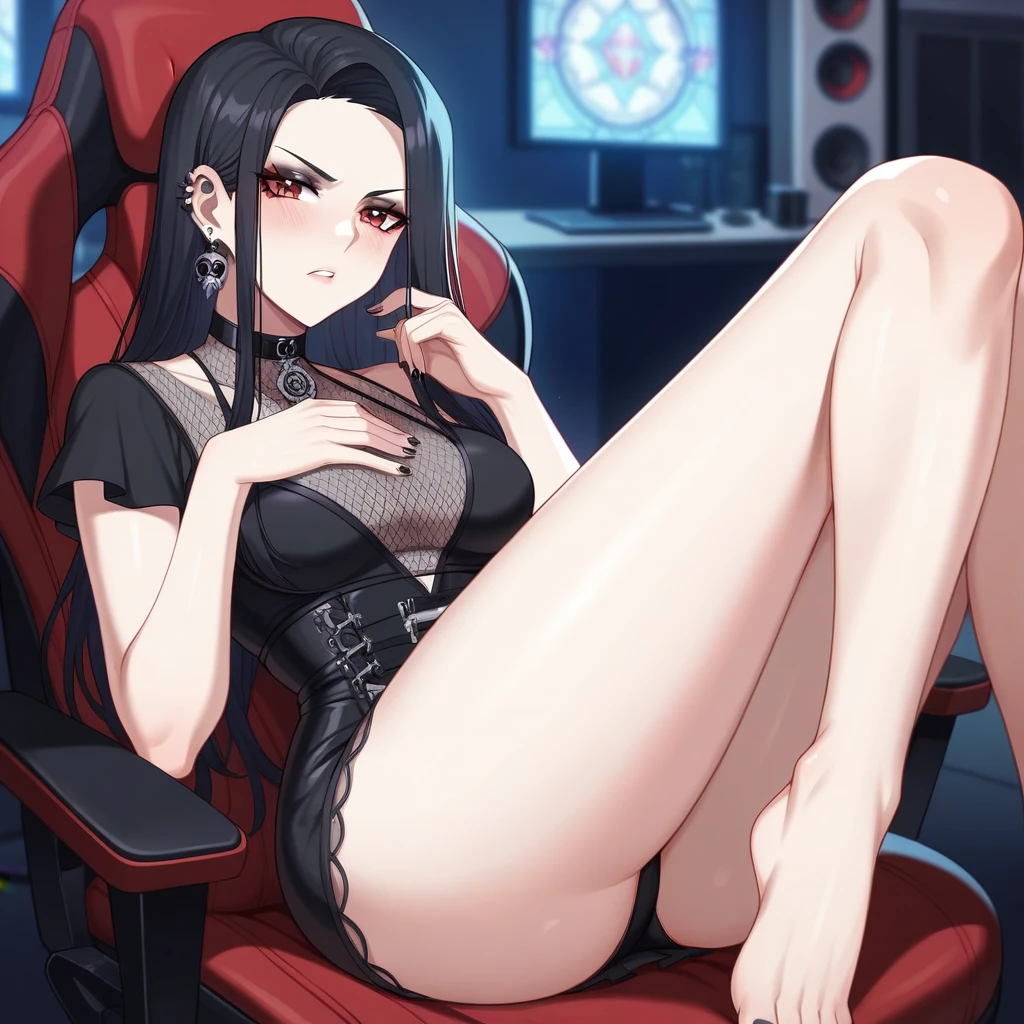 Adult, Female, Black hair, goth girl, gothic aesthetic, goth clothing, goth make up, thick thighs, medium chest, annoyed, disgruntled, sitting in gaming chair, gt racing chair, black and white chair, Masterpiece, Accurate, Anatomically Correct, Best Quality, High Details, Detail, Super Detailed, Best detail, Perfect detail, Amazing detail, [-3, 3], Art Nouveau, 