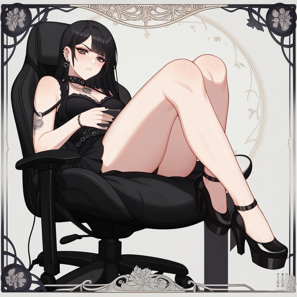 Adult, Female, Black hair, goth girl, gothic aesthetic, goth clothing, goth make up, thick thighs, medium chest, annoyed, disgruntled, sitting in gaming chair, gt racing chair, black and white chair, Masterpiece, Accurate, Anatomically Correct, Best Quality, High Details, Detail, Super Detailed, Best detail, Perfect detail, Amazing detail, [-3, 3], Art Nouveau, 