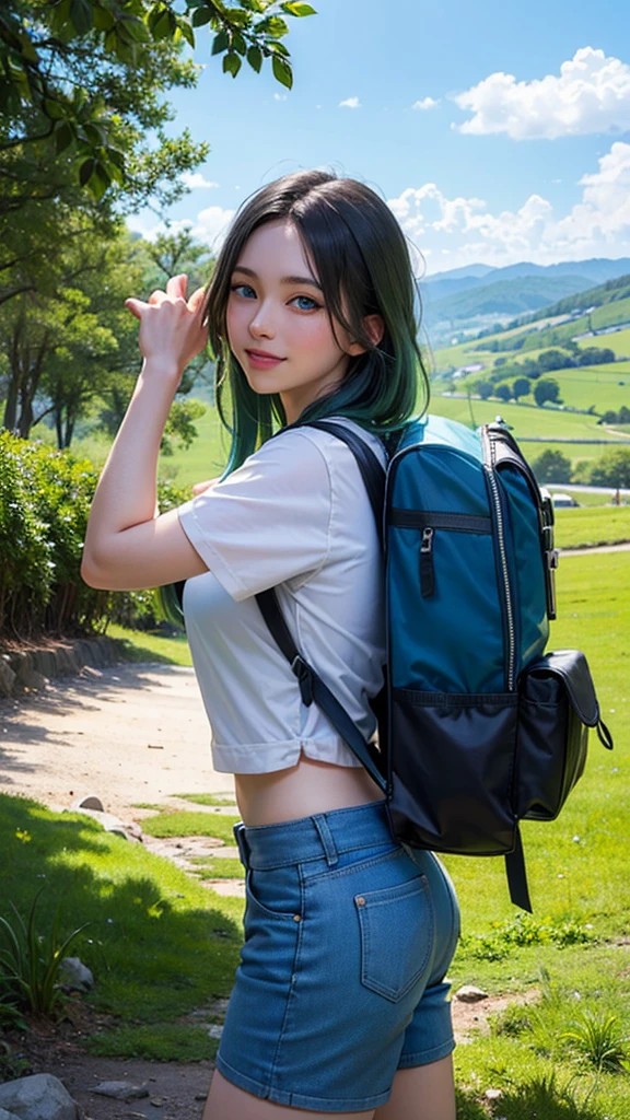 (masterpiece:2), best quality, ultra high-res, 4K, (photo realistic:1.4), original, extremely detailed, perfect lighting, big backpack, traveller, hiking, waist-up portrait, extremely detailed face, (green hair), smile, (long hair), (blue eyes:1.5), spring hiking outfit, traveller, short pants,