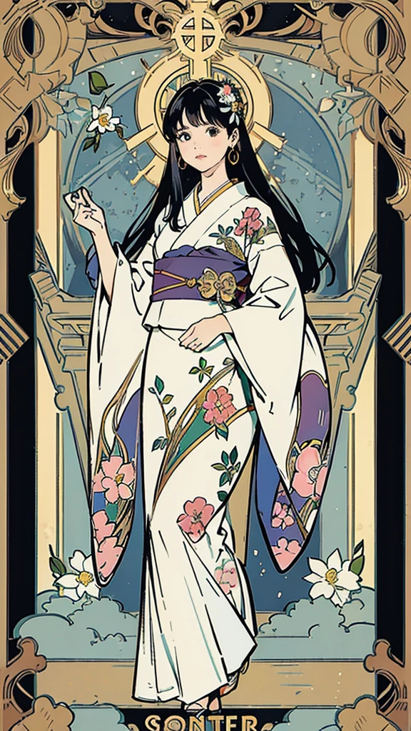 Tarot Cardasterpiece、Highest quality、Amazing details、Detailed Background、Line art、Written boundary depth、Flat Shading、Mucha style、Art Nouveau、Botanical Art、Flower Art、Surrounded by many flowers、、girl、15 years old、Japanese idol costumes from the 1980s、Vintage Color、colorful、Anatomically correct、plump、Expressive eyes、Perfect Face、Black Hair、Long Hair、Embarrassing、She is blushing