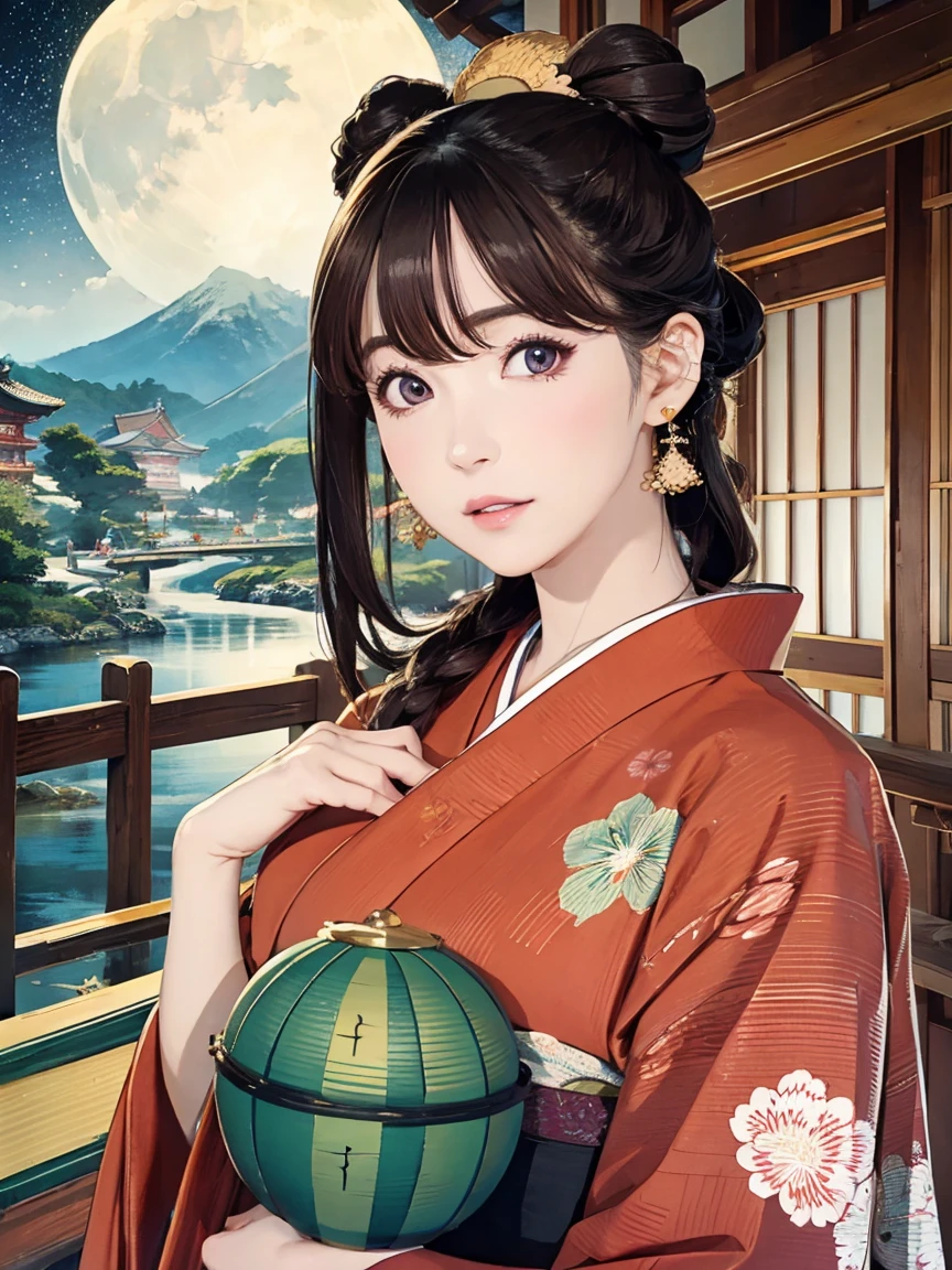 (Highest quality、 8k 、masterpiece、High resolution)、(whole body)、Vibrant colors、Brown-black bob、Traditional topknot、Ample breasts、(Highly detailed face and eyes,Beautiful Face,Beautiful Eyes,Beautiful nose,Pretty lips)、Official Art、Ukiyo-e style、 (Beautiful woman in kimono)、(Vivid floral patterned kimono)、background、river、bridge、Mountain、wood、Starry Sky、moon、plum、Lantern、Detailed CG、