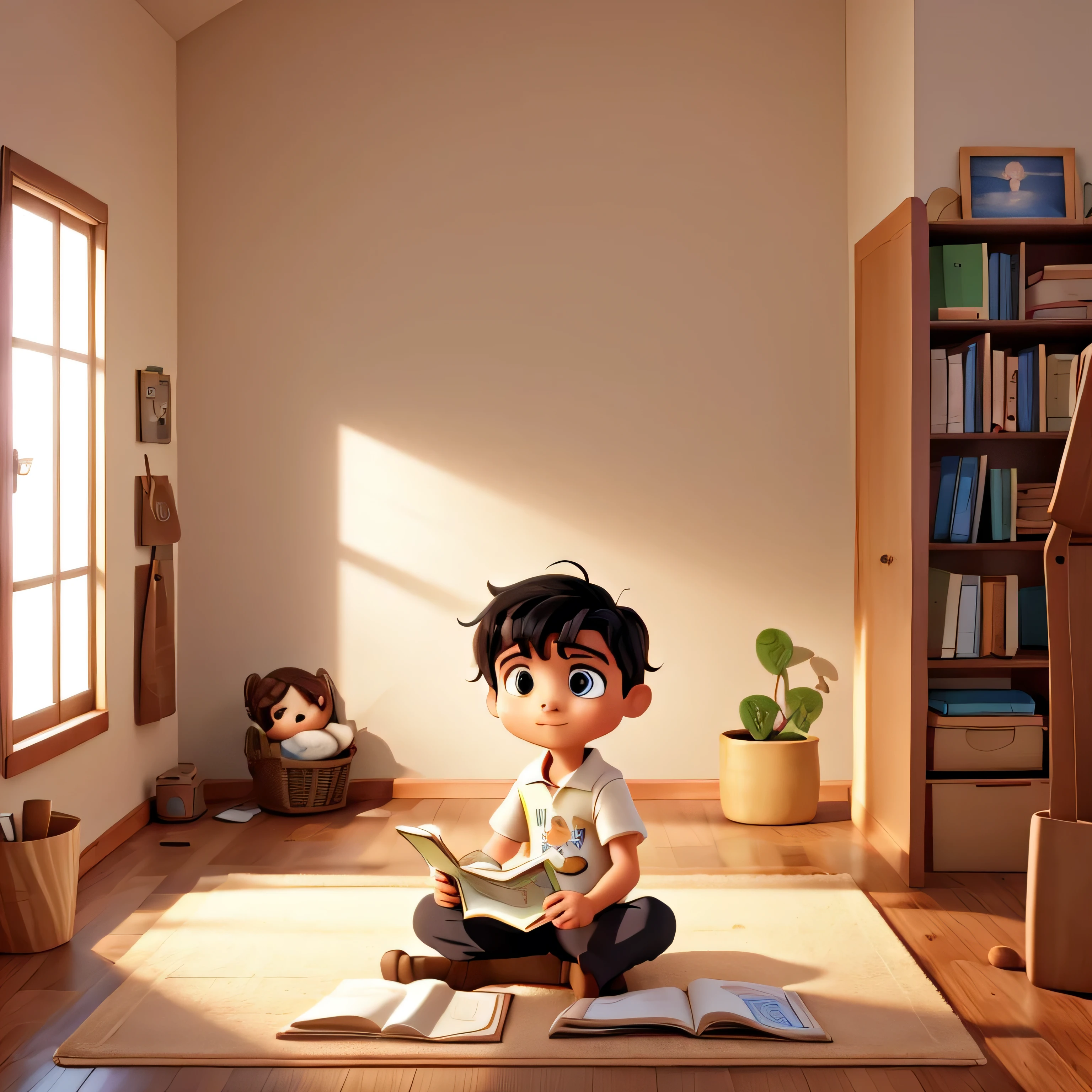 make an image of a room with walls in light tones. Not many visual stimuli, with a  boy with black hair and brown eyes sitting on the carpet reading books