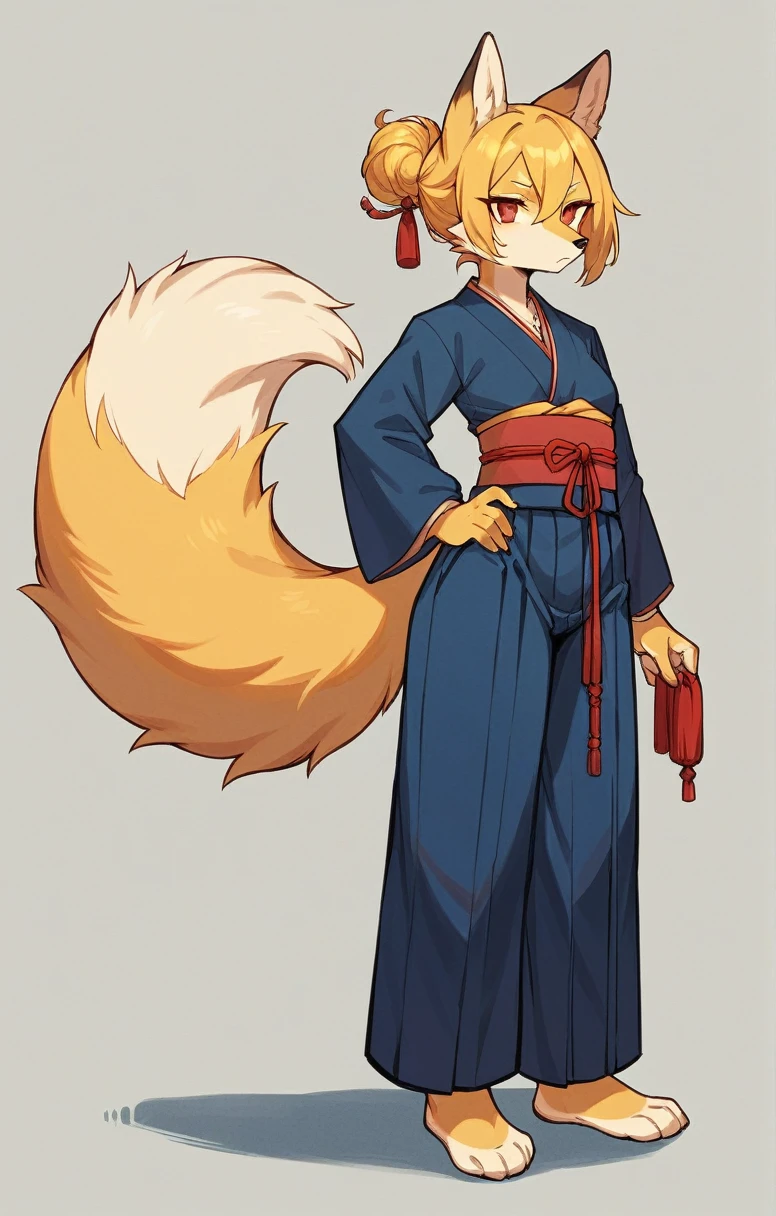 (full body,,The left hand is on the hip),((The right hand is out in front,Fluffy tail,,)),small breasts,Adult female fox,One Girl, Furry, Golden fur, Golden facial fur, long golden hair, The hair on his hands is golden, Golden yellow hair on the back of the hand, Light-filled eyes, Red eyes, Brown elements of fur,(Dark blue kimono,Dark blue hakama),Very fine fur, Fluffy tail,