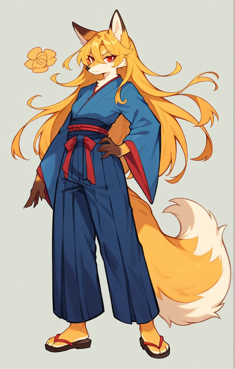 (full body,,The left hand is on the hip),((The right hand is out in front,Fluffy tail,,)),small breasts,Adult female fox,One Girl, Furry, Golden fur, Golden facial fur, long golden hair, The hair on his hands is golden, Golden yellow hair on the back of the hand, Light-filled eyes, Red eyes, Brown elements of fur,(Dark blue kimono,Dark blue hakama),Very fine fur, Fluffy tail,