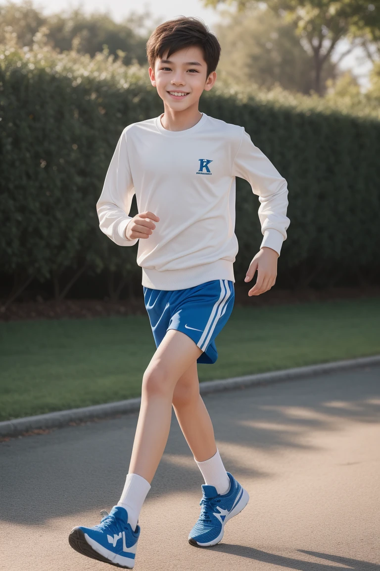 12-year-old boy,Smile，Spread your white and slender legs，jogging，full body，8K facial features are exquisite，Handsome boyish feeling，8k，masterpiece,((best quality)),photography,photograph
